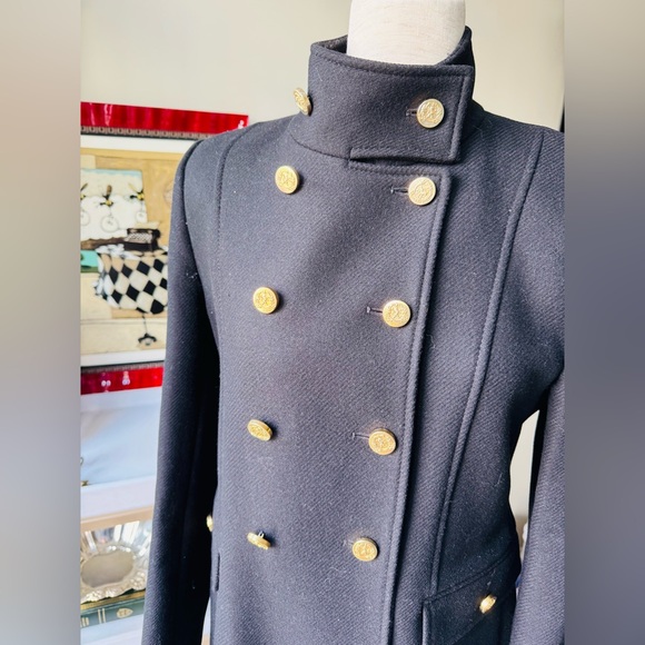 Zara MANTECO premium wool Black Pea Coat with Gold Accents - Picture 3 of 8